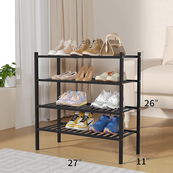 4 Tier Bamboo Shoe Rack for Closet Free Standing Wood Shoe Shelf for Entryway Small Space Stackable 27"x11"x26" (Black)-NeatNest