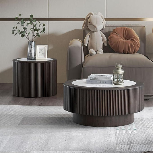 kevinplus ø35.43'' Round Faux Marble Coffee Table & Side End Table Set of 2 for Living Room, Modern Contemporary Circle Drum Embossment Fluted Pedestal Wooden Design, No Assembly (Dark Brown, 2-Pcs)