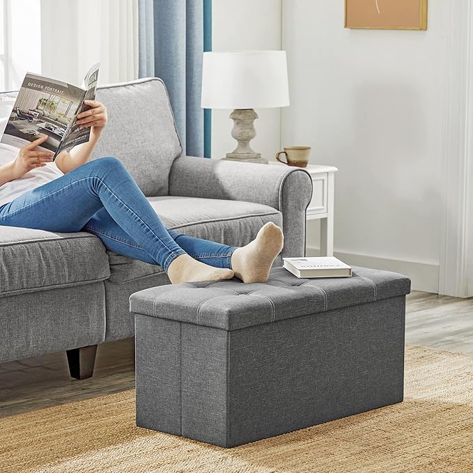 SONGMICS Mazie Collection - 30 Inches Ottoman Storage Bench, 21 Gal. Folding Chest with Breathable Linen-Look Fabric, Load up to 660 lb, for Entryway, Living Room, Bedroom, Dark Gray ULSF001G01-NeatNest