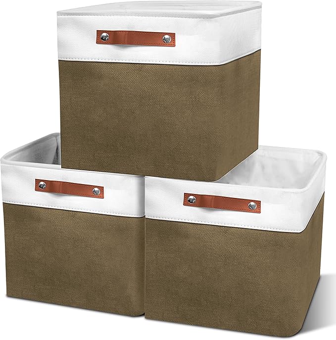 11in Open Fabric Storage Basket with Leather Handles for Organizing, Collapsible Linen Closet Bins for Shelves, Closets, Laundry, Decorative Basket for Gifts. (White＆Brown, 3PCS/11x11in)-NeatNest