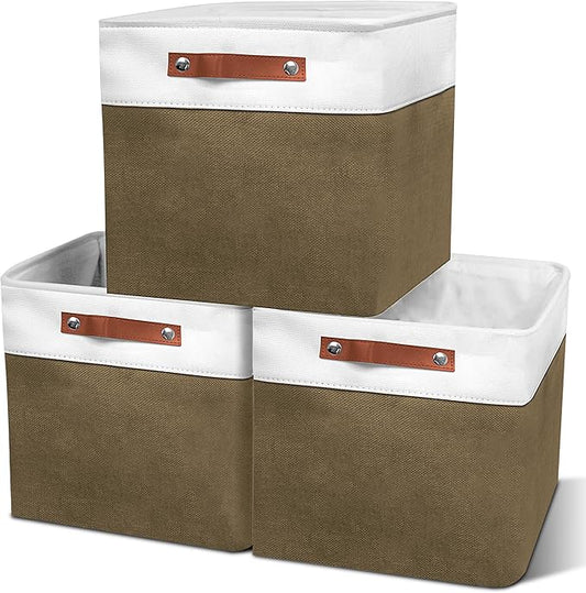 11in Open Fabric Storage Basket with Leather Handles for Organizing, Collapsible Linen Closet Bins for Shelves, Closets, Laundry, Decorative Basket for Gifts. (White＆Brown, 3PCS/11x11in)-NeatNest