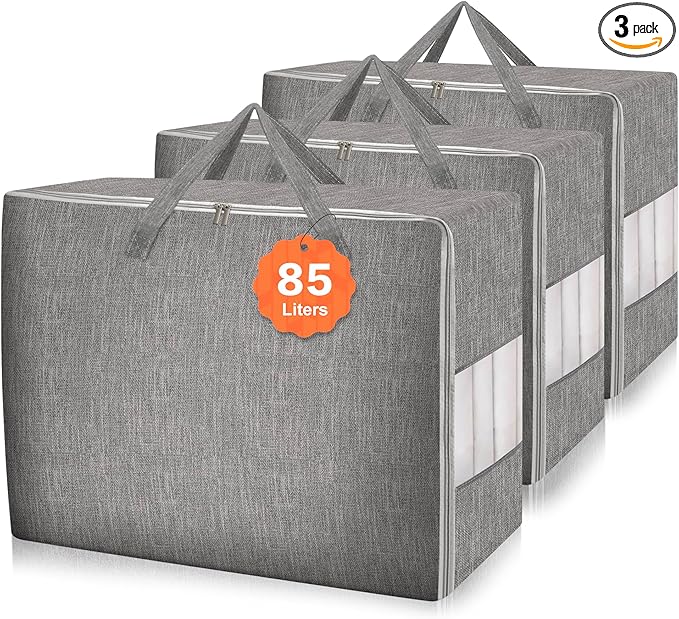 3 Pack 85L Comforter Storage Bags, Extra Large Bedding Storage Bags with Sturdy Zipper and Reinforced Handle, Clear Window, Moving Closet Organizers for Comforters and Blankets, Pillows-NeatNest