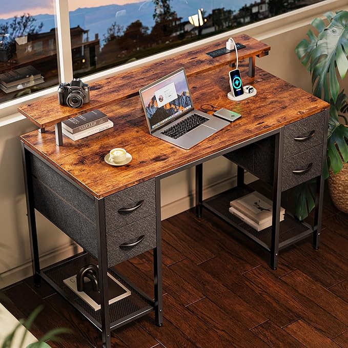Huuger 47 inch Computer Desk with 4 Drawers, Gaming Desk with LED Lights & Power Outlets, Home Office Desk with Large Storage Space for Bedroom, Work from Home, Rustic Brown and Black-NeatNest