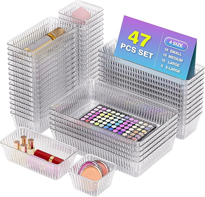 47 PCS Clear Plastic Drawer Organizer Set - 4 Sizes Makeup Organizer Desk Drawer Divider Bathroom Organizers and Storage Bins for Makeup, Jewelry, Gadgets, Office, Kitchen, Bedroom, Bathroom-NeatNest