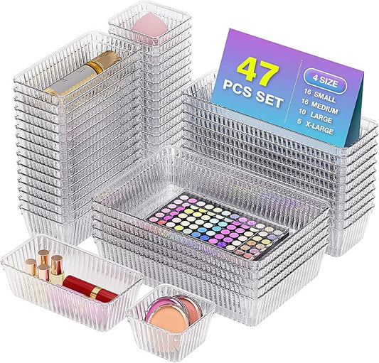 47 PCS Clear Plastic Drawer Organizer Set - 4 Sizes Makeup Organizer Desk Drawer Divider Bathroom Organizers and Storage Bins for Makeup, Jewelry, Gadgets, Office, Kitchen, Bedroom, Bathroom-NeatNest