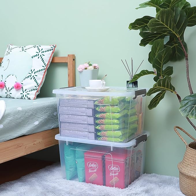 Citylife 44.4 QT Plastic Storage Bins with Latching Lids Stackable Storage Containers for Organizing Large Clear Storage Box for Garage, Closet, Kitchen, 8 Packs-NeatNest