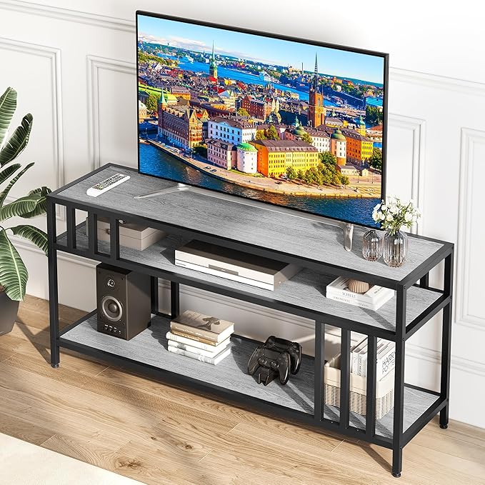 Garvee 58" TV Stand for Television up to 65 Inch, Entertainment Center with 3-Tier Open Shelves, TV Media Console Table Quadruple-Tube Support for Living Room, Entryway, Grey-NeatNest