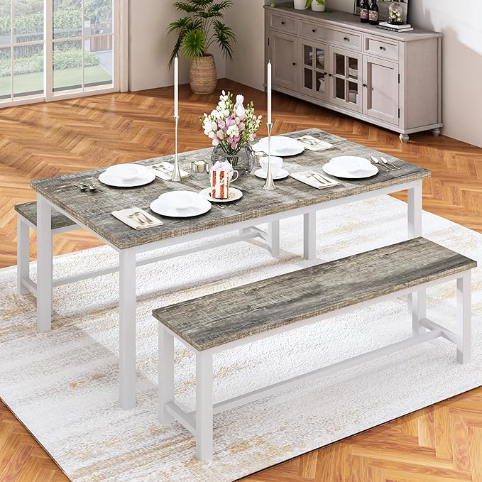 DKLGG Dining Table Set for 4, 47" Farmhouse Kitchen & Dining Room Sets 3 Pieces Rectangular Dining Room Table with Bench for Small Space, Restaurant, Apartment, Grey & White-NeatNest