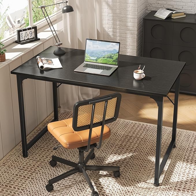 Huuger Modern Simple Office Desk, 40 Inch Gaming Desk with Storage, Black Metal Frame, Large Legroom-NeatNest