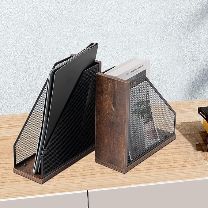 Antique Wooden Magazine Holder,Mesh File Holder for Desk, Office Desk Accessories Decorative File Box (2 Pack Black)