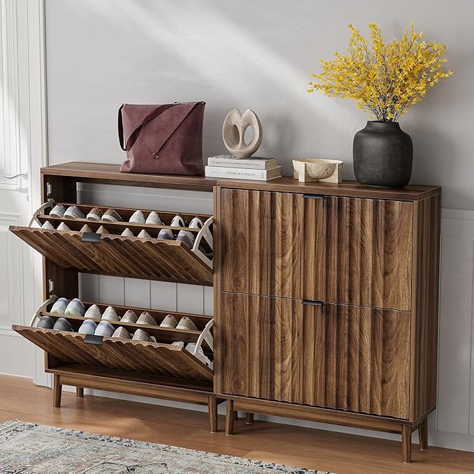 Shoe Cabinet with 2 Flip Fluted Panel Drawers, Hidden Shoe Organizer with Solid Wood Legs, Entryway Shoe Rack Cabinet for Hallway, Walnut