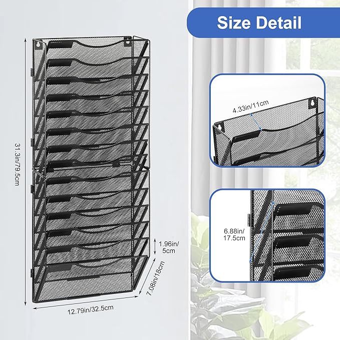 EasyPAG 14 Pocket Wall File Organizer, Black | Metal Mesh Wall Mounted File Holder | Assembly Hanging Mail Organizer | Replaceable Classify Labels | Office Home Letter Size Paper Storage