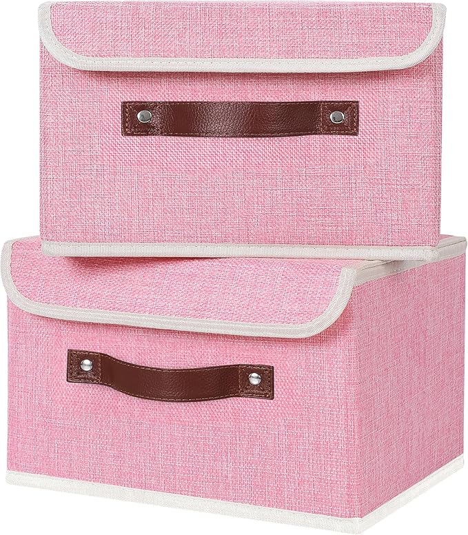 ANMINY 4PCS Storage Bins with Lid PU Leather Handles Storage Boxes PP Plastic Board Decorative Foldable Lidded Cotton Linen Fabric Home Cubes Baskets Closet Organizer Containers - Pink, Small Size-NeatNest