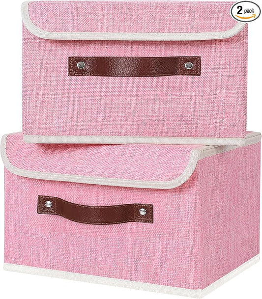 ANMINY 2PCS Storage Bins with Lid PU Leather Handles Storage Boxes PP Plastic Board Decorative Foldable Lidded Cotton Linen Fabric Home Cubes Baskets Closet Organizer Containers - Pink, Small Size-NeatNest