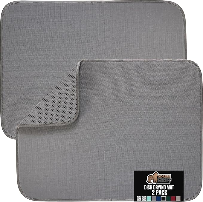 GORILLA GRIP Ultra Water Absorbent Microfiber Dish Drying Mat, Quick Dry Thick Mesh, Slip Resistant Pad for Sink Dishes or Under Rack, Kitchen Counter Accessories, 16x18, Machine Wash, 2 Pack Gray