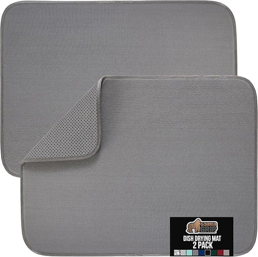 GORILLA GRIP Ultra Water Absorbent Microfiber Dish Drying Mat, Quick Dry Thick Mesh, Slip Resistant Pad for Sink Dishes or Under Rack, Kitchen Counter Accessories, 16x18, Machine Wash, 2 Pack Gray
