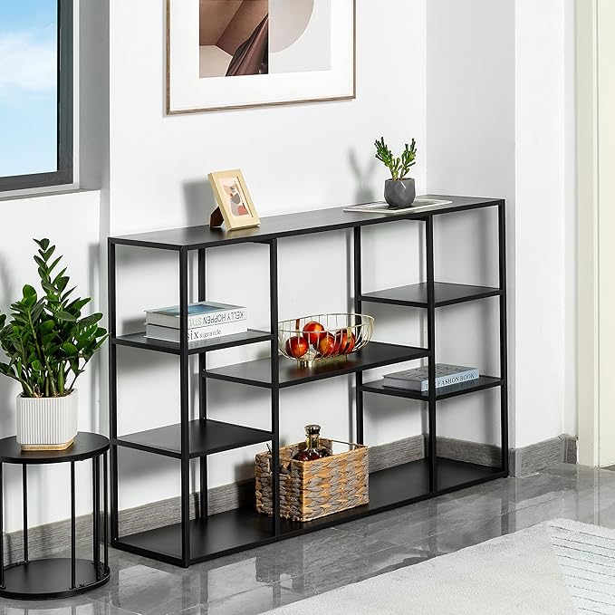 47 Inch Metal Console Table with 8 Storage Shelves,Extra Long Entryway Table,Narrow Sofa Table,Hallway Table for Entrances to Corridor,Foyer,Living Room (Black, 47.24×11.81×31.5in)-NeatNest