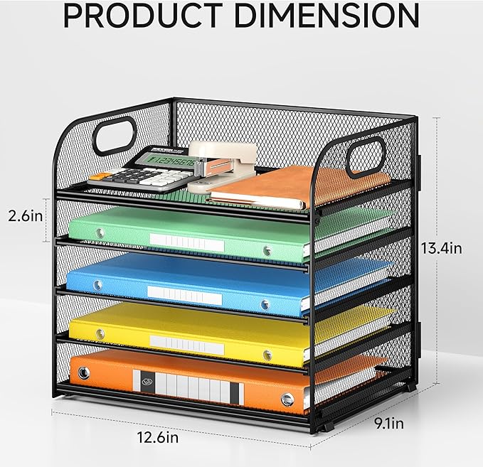 2 Pack 5-Tier Paper Organizer Letter Tray with Handle - Black Mesh Desk Paper Sorter File Organizer for Office, Home or School File Folder Holder
