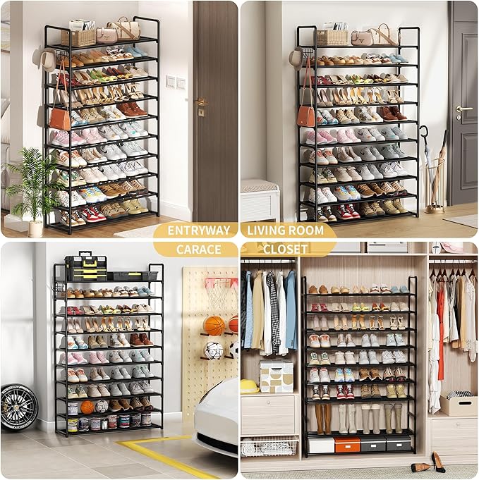 10-Tier Shoe Organizer - Large Metal Shoe Rack with Hooks, Fits 40-50 Pairs, Ideal for Closet, Entryway, Garage, Bedroom-NeatNest