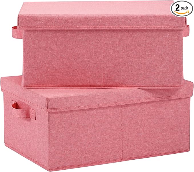 HOONEX Linen Foldable Storage Bins with Lids, 2 Pack, Storage Boxes with Carrying Handles and Sturdy Heavy Cardboard, 16.5" L x 11.8" W x 7.5" H for Shoes, Books, Clothes, Nursery, Pink-NeatNest