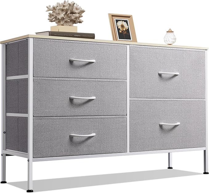 WLIVE Dresser for Bedroom with 5 Drawers, Wide Bedroom Dressers with Drawer Organizers, Chest of Drawers, Fabric Dresser for Living Room, Closet, Hallway, Light Grey-NeatNest