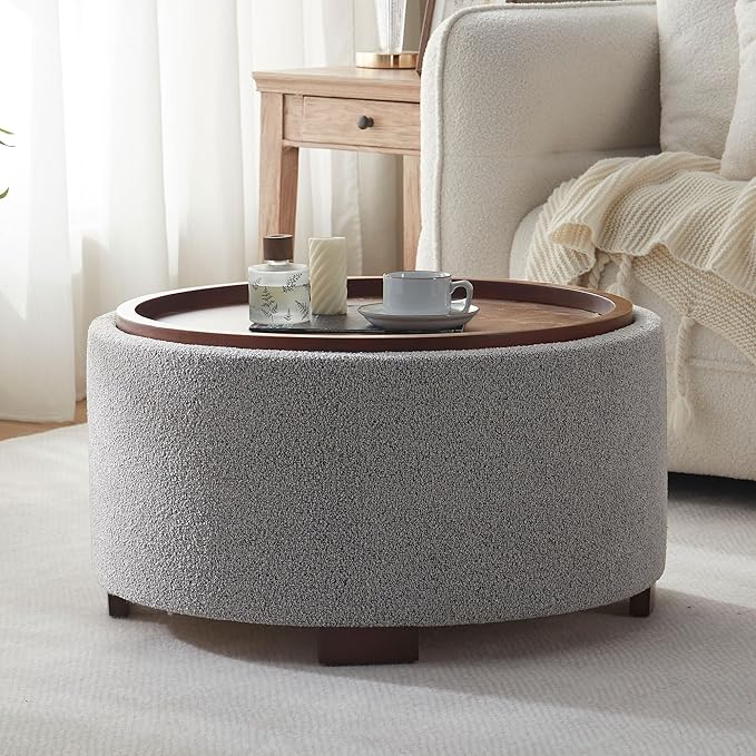30 Inch Round Storage Ottoman Coffee Table, Modern Boucle Ottoman with Lift-Off Lid and Solid Wood Legs for Living Room, Bedroom, Corners, Apartments (Light Grey)