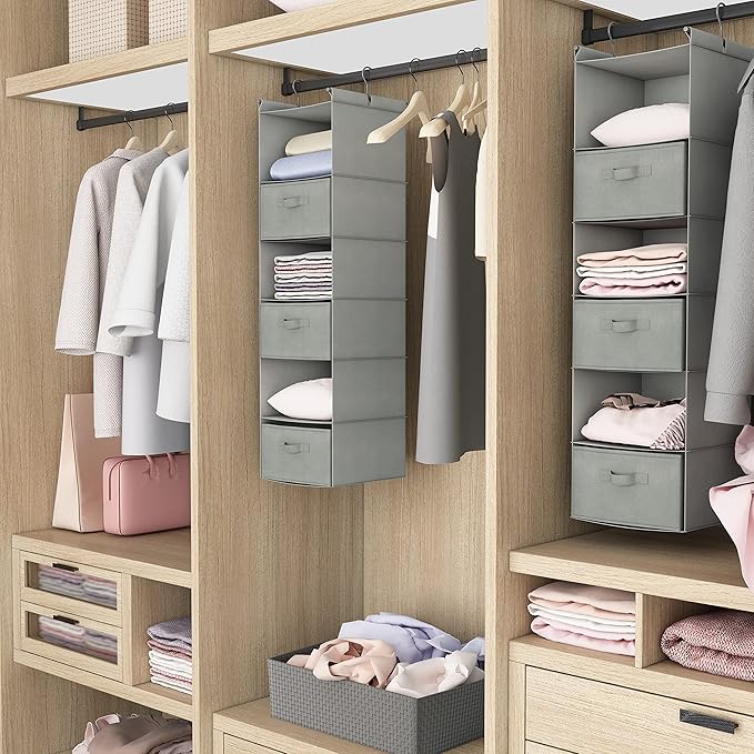 MAX Houser 6 Tier Shelf Hanging Closet Organizer, Closet Hanging Shelf with 2 Sturdy Hooks for Storage, Foldable (Light Grey-D3)-NeatNest