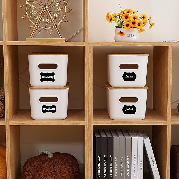 Citylife 4 PCS Storage Bins with Bamboo Lids Plastic Storage Containers for Organizing Stackable Storage Box with Handle, 10.23 x 7.08 x 6.3 inch-NeatNest