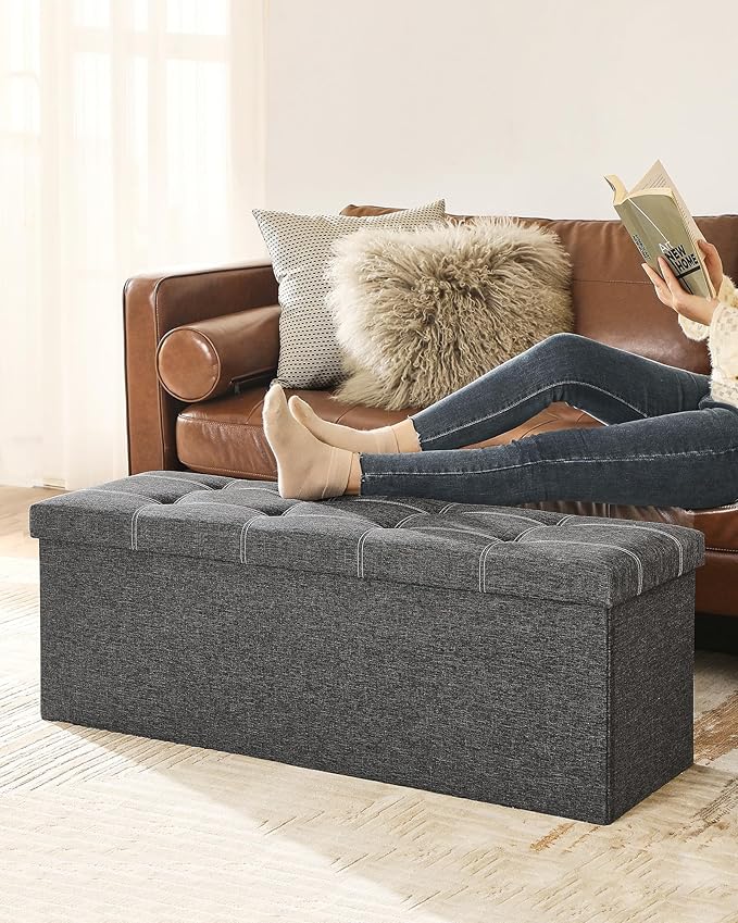 SONGMICS Mazie Collection - 43 Inches Ottoman Storage Bench, 35 Gal. Folding Chest with Breathable Linen-Look Fabric, Load up to 660 lb, for Entryway, Living Room, Bedroom, Dark Gray ULSF077G04-NeatNest
