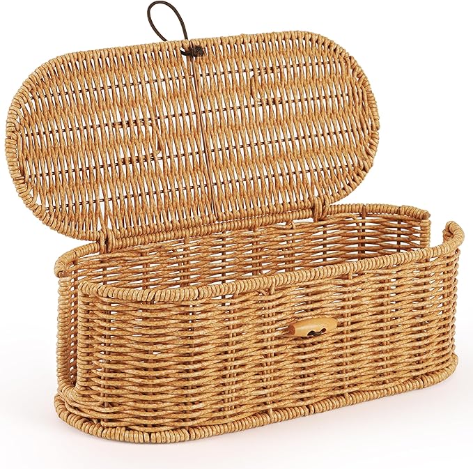 Cable Management Box, Handwoven Faux Rattan Cord Organizer Box with Lid, 2 Open Slots Cable Organizer Box, Decorative Cord Hider Box for Tv Computer USB Hub & Power Strip Holder