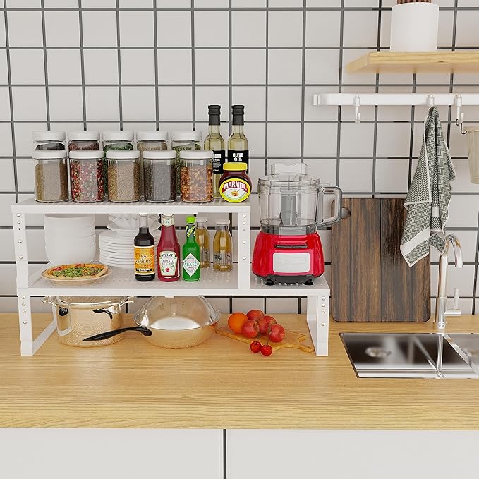 Expandable Adjustable Stackable Kitchen Organizer, Spice Rack,Metal Pantry Storage Shelves Racks,Counter Shelf for Cabinets, Countertop, Cupboard(3 Packs/Medium/White)-NeatNest