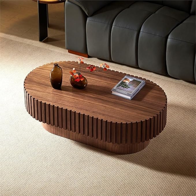 KEVINSPACE Oval Coffee Table 43.7" Wood CoffeeTable for Living Room Drum ModernCoffeeTable TeaTable Wooden Coffee Tables PedestalCoffeeTable Home Furniture Office Apartment Walnut