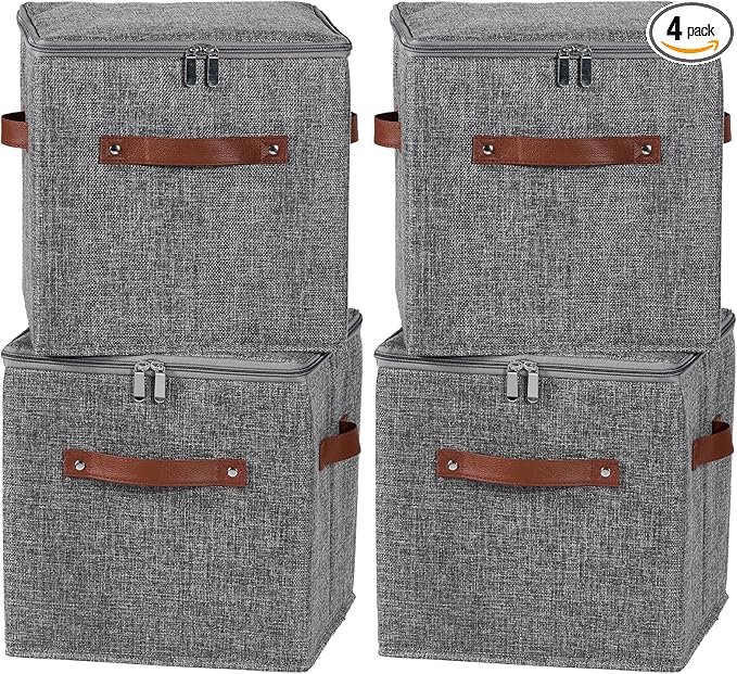 4PCS Storage Cubes with Lid Fabric Storage Bins Boxes PU Leather Handles Cotton Linen Closet Organizer Container Decorative Foldable Washable Shelf Cloth Basket (Zipper Lid, Gray, 11in)-NeatNest