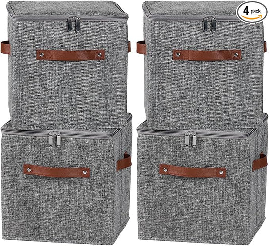 4PCS Storage Cubes with Lid Fabric Storage Bins Boxes PU Leather Handles Cotton Linen Closet Organizer Container Decorative Foldable Washable Shelf Cloth Basket (Zipper Lid, Gray, 11in)-NeatNest