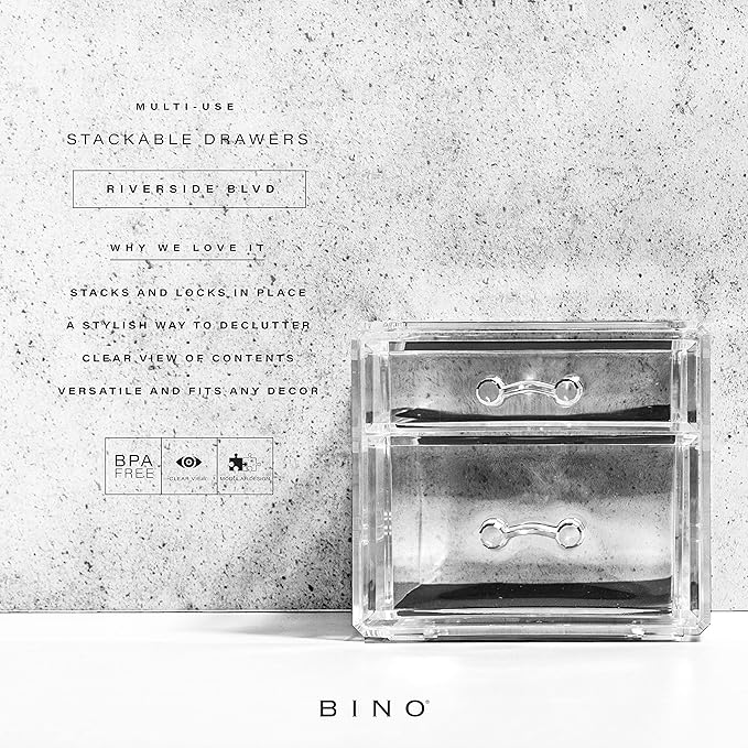 BINO THE MANHATTAN SERIES Acrylic Makeup Drawer Organizer- 2 Drawer Small | Clear Beauty Organizers and Storage| Cosmetic & Makeup Drawer| Home Organization| Jewelry & Vanity Accessories Drawer-NeatNest