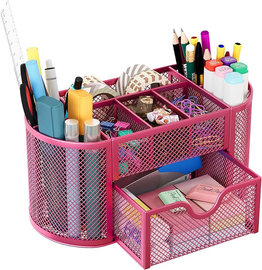 EasyPAG Mesh Desk Organizer, Multi-functional Stationery Organizer for School Supplies, Office Pen Holder for Desk, 9 Compartments Dorm Organization with Drawer, Pink