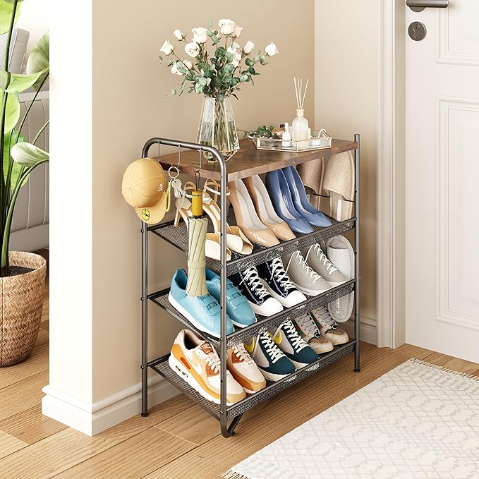 4 Tier Shoe Rack for Entryway, Metal Shoe Rack Organizer Holds 15 Pairs Shoes, Front Door Shoe Storage with Rustic Brown Wooden Top, Vertical shoe rack for Space Saving Shoe Organizer (4-Tiers)-NeatNest