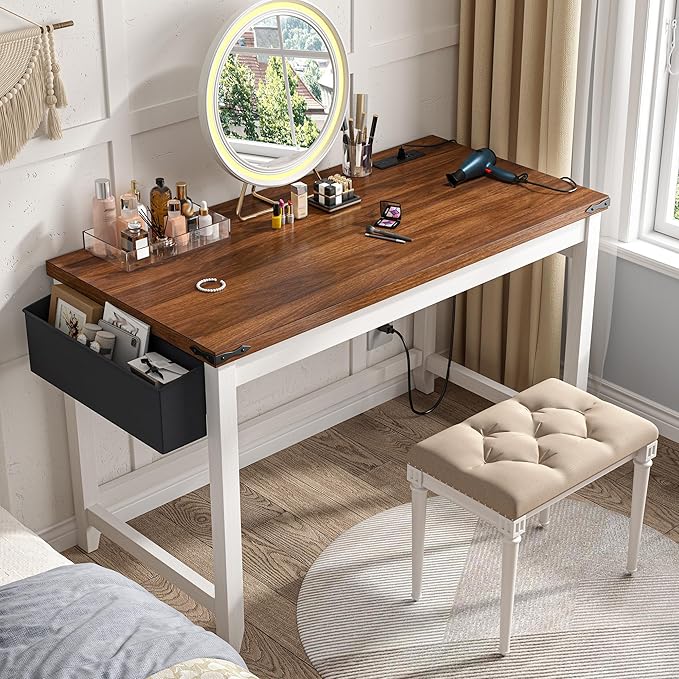 EnHomee 40 Inch Small Desk with Detachable Storage Bag, Modern Simple Computer Desk with Power Outlet, Study Writing Table for Small Spaces, Study Desks for Bedroom, Brown & White-NeatNest