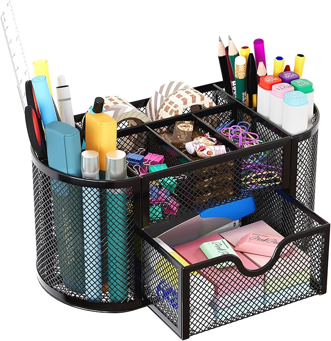 EasyPAG Mesh Desk Organizer, Multi-functional Stationery Organizer for School Supplies, Office Pen Holder for Desk, 9 Compartments Dorm Organization with Drawer, Black