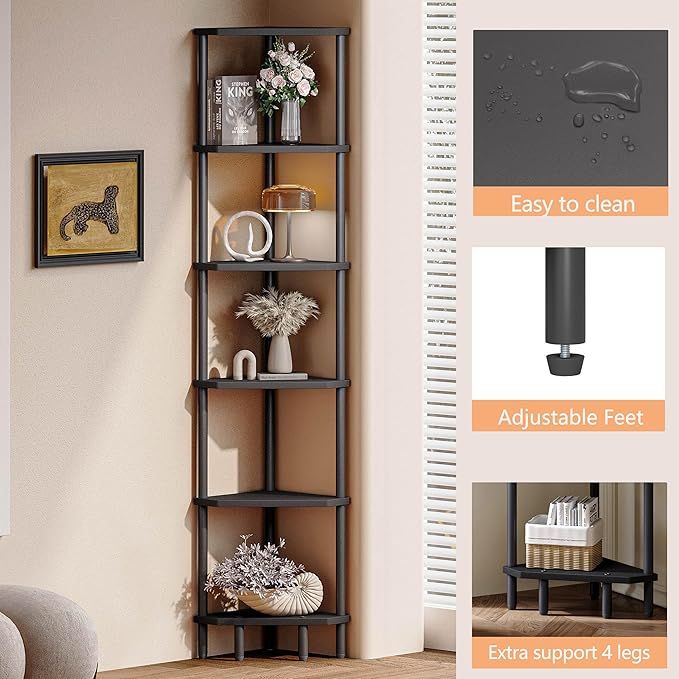 6 Tier Corner Shelf, 66.5'' Tall Standing Shelf, Narrow Display Shelf Stand, Modern Corner Bookshelf, Plant Stand, Corner Bookcase for Living Room, Bedroom, Bathroom, Black LCS502B-NeatNest