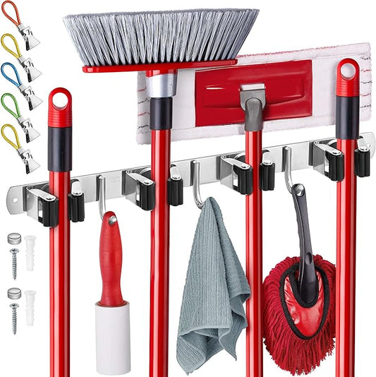 Mop and Broom Holder Wall Mount – Self-Adhesive Stainless Steel broom hanger organizer – 4 Clamps, 3 Hooks, 5 Towel Hanging Clips Mounting Screws – Holds Up to 40 Lbs-NeatNest