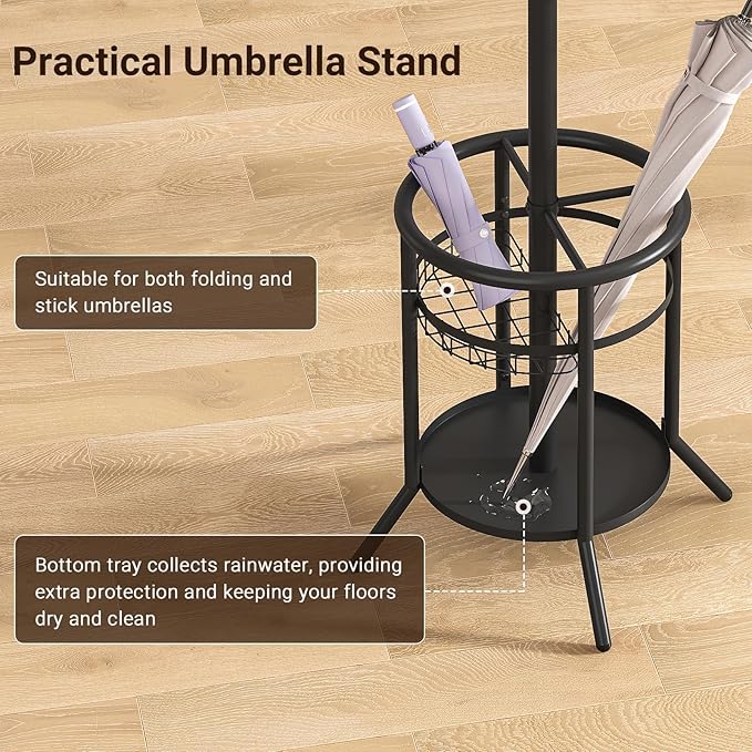 ELYKEN Coat Rack Freestanding, Metal Coat Rack Stand with Umbrella Holder, Modern Coat Tree with 12 Hooks, Floor Standing Corner Hall Tree for Entryway Living Room Bedroom Office, Black-NeatNest