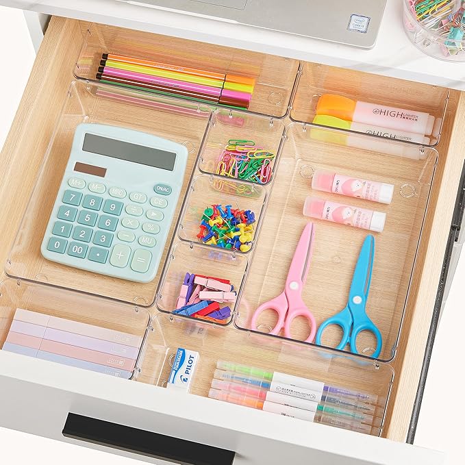 Vtopmart 25 PCS Clear Plastic Drawer Organizers Set, 4-Size Versatile Bathroom and Vanity Drawer Organizer Trays, Storage Bins for Makeup, Bedroom, Kitchen Gadgets Utensils and Office-NeatNest