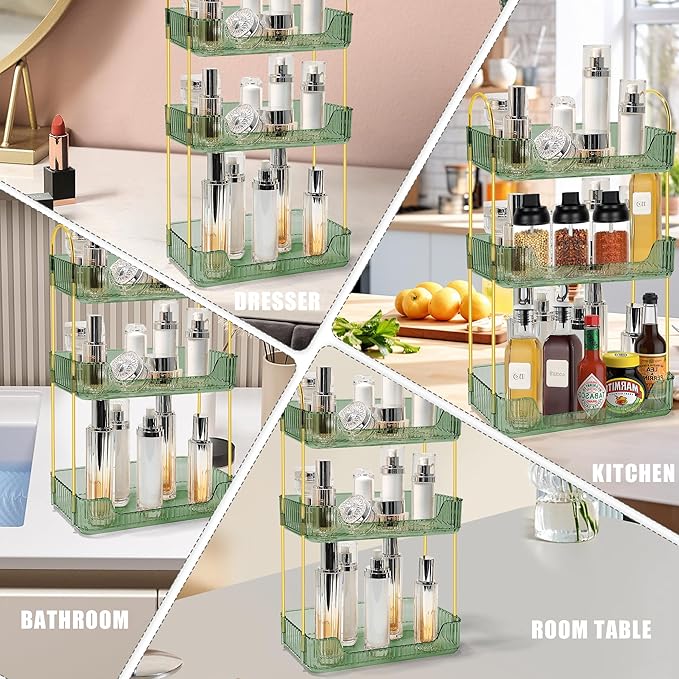Bathroom Counter Organizer Countertop Storage Skincare Countertop Makeup Organizer Cosmetics Skincare Organizers Holder for Perfume-Green-Golden Pole-3 Tier-NeatNest