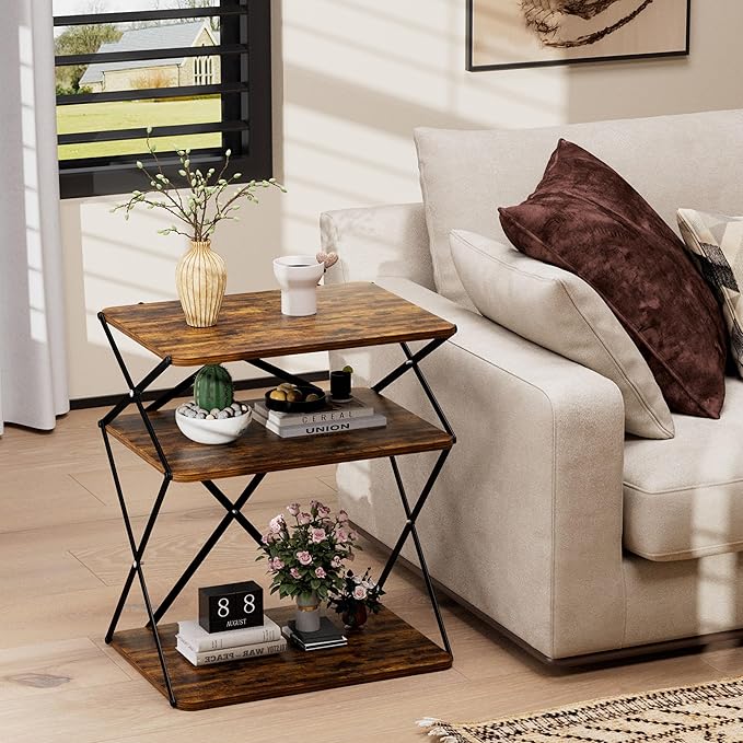 3-Tier End Table Set of 2 Small Side Table Tall Bedside Night Stand with Storage Sofa Side desks for Living Room Bedroom Office Bathroom Small Space Rustic Brown ET-04RB-2