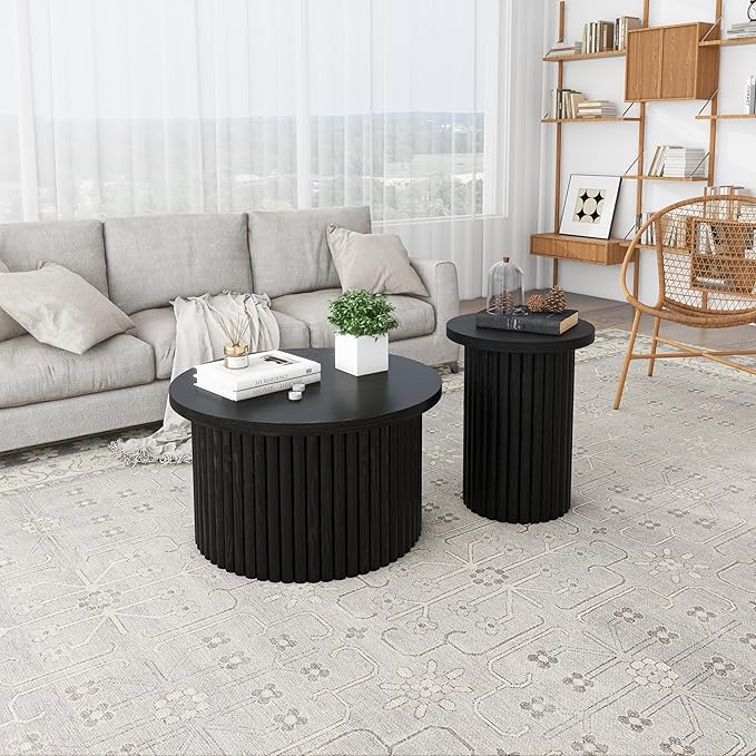Nesting Round Coffee Table Set of 2,Modern Side Tables Accent End Table for Living Room, Apartment, Black