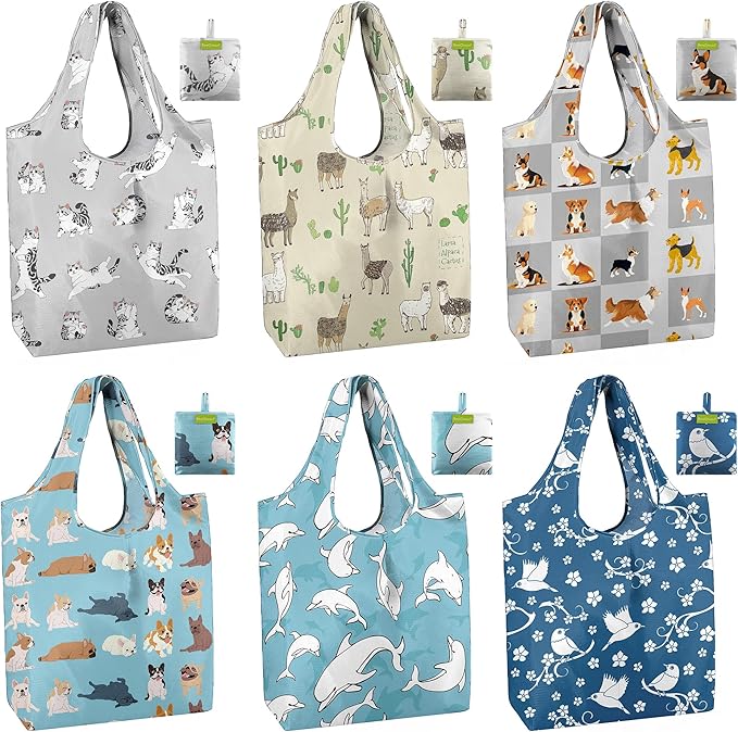 BeeGreen Reusable Grocery Bags 6 Pack, Heavy Duty Totes for Women, Foldable Grocery Bag Large Shopping Totes with Handles for Work, Travel, Gift, Store, Polyester Washable Reusable Tote Bag-NeatNest