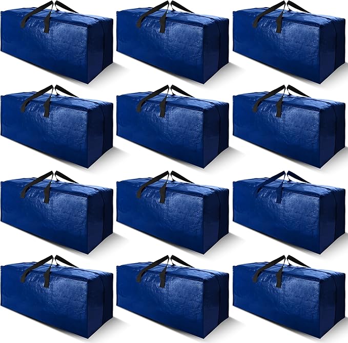 Cosy Family 12 Pack Heavy Duty Moving Bags with Backpack Straps - Strong Handles & Zippers, Storage Totes For Space Saving, Fold Flat, Alternative to Moving Box (X-Large-Set of 12, Blue)-NeatNest