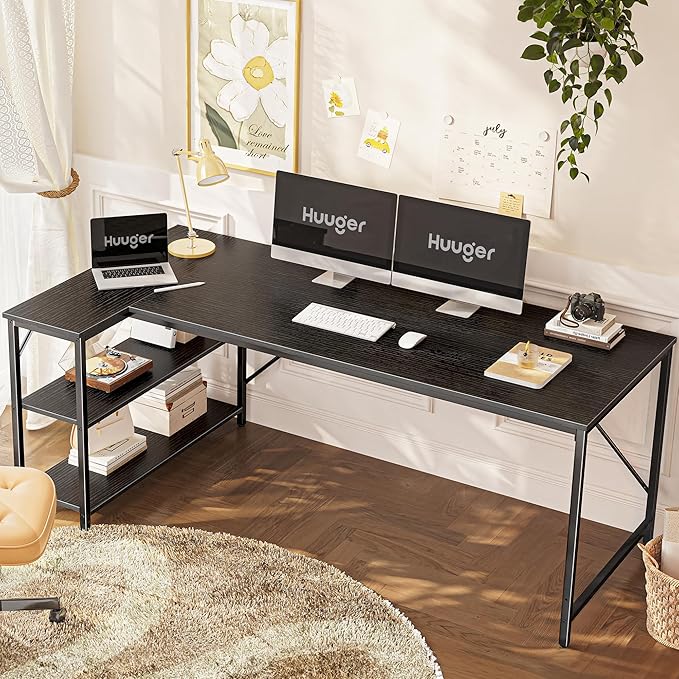 Huuger L Shaped Desk, 63 Inches Computer Desk with Reversible Storage Shelves, Gaming Corner Home Office Writing Study, Metal Frame, Black-NeatNest