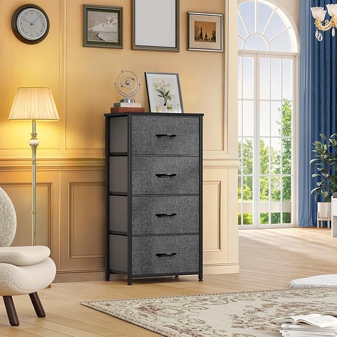 DWVO Storage Tower with 4 Drawers - Fabric Dresser, Organizer Unit for Bedroom, Living Room, Closets - Sturdy Steel Frame, Easy Pull Fabric Bins & Wooden Top-NeatNest